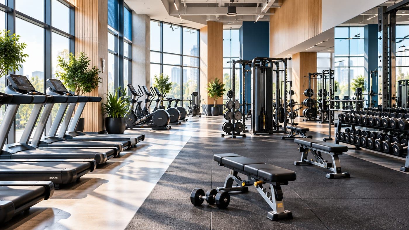 A modern gym floor with equipment rows and floor-to-ceiling windows.